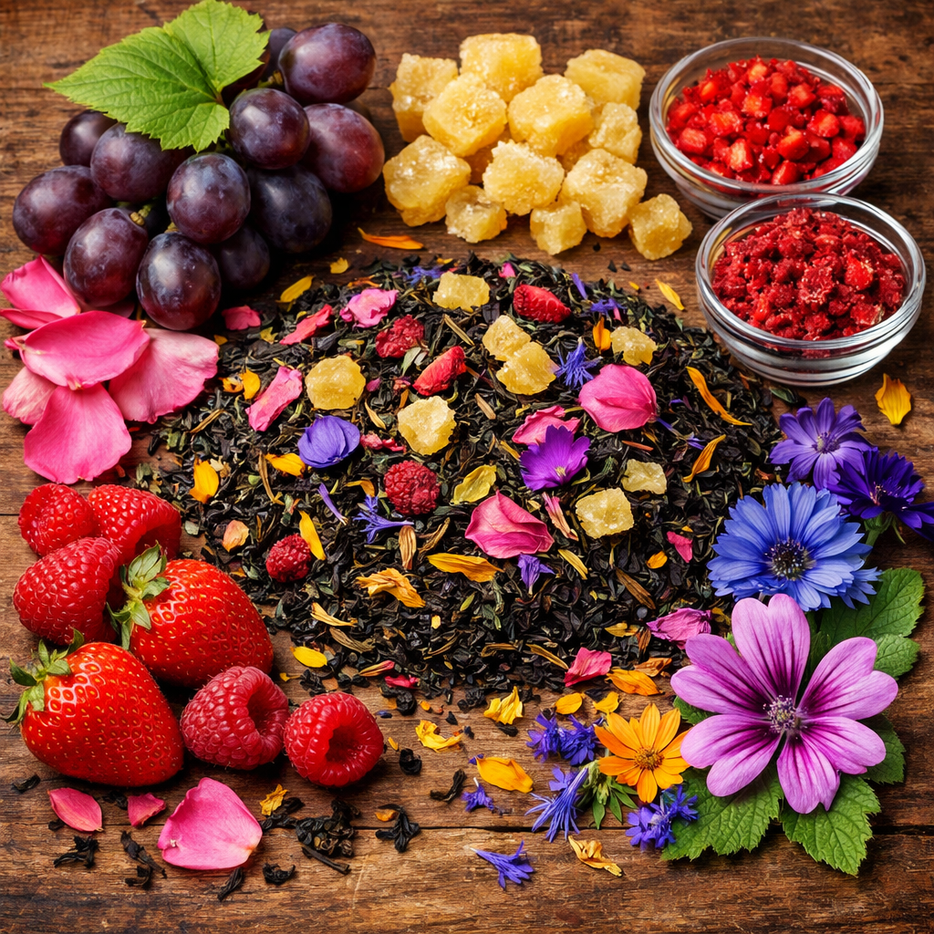 Colorful dried tea leaves in a wooden bowl on a light background - Exotic Black &amp; Green Tea with Pineapple, Grape &amp; Rose Petals