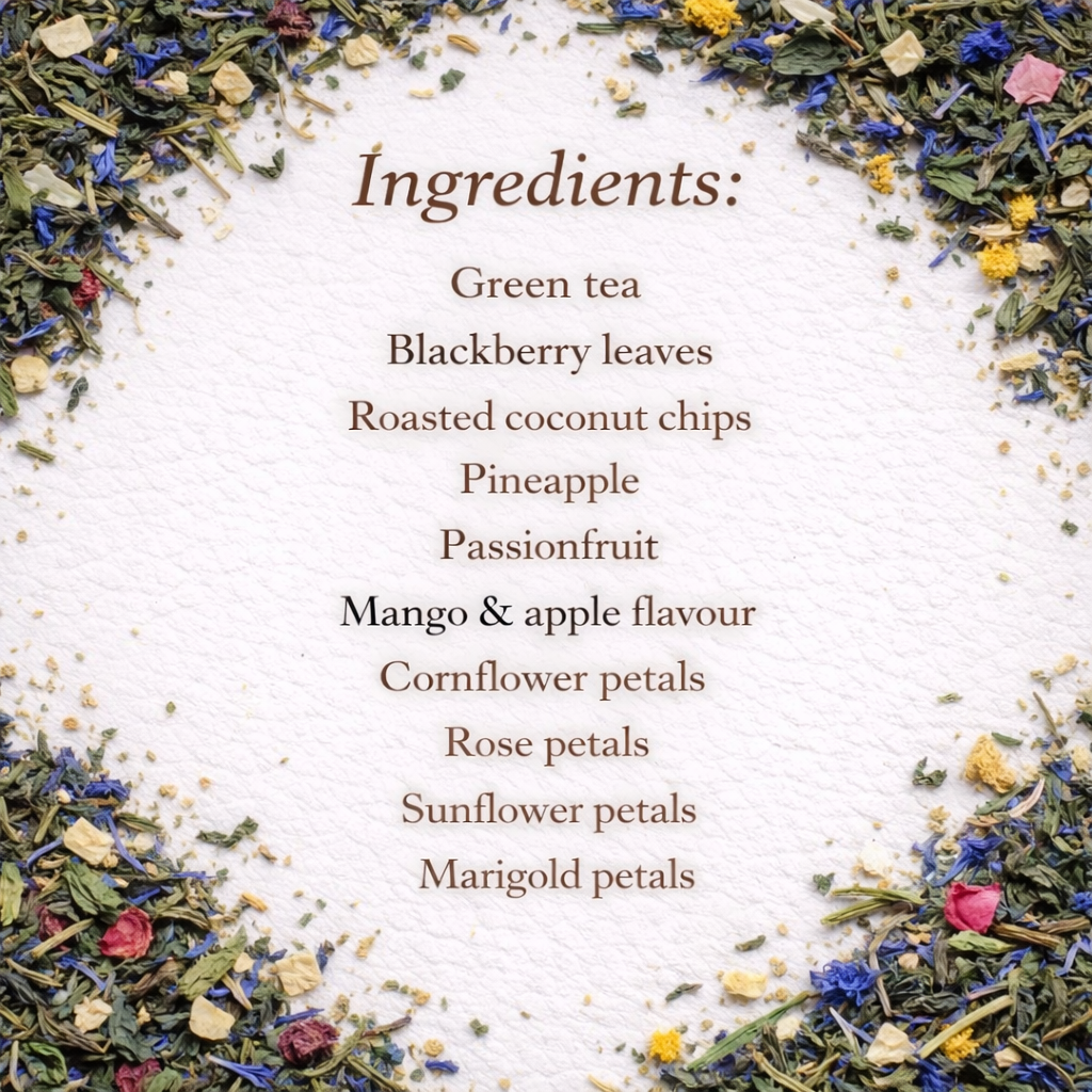 Wooden bowl filled with colorful dried tea leaves on a light background -  Green Tea with Coconut Chips and Floral Petals