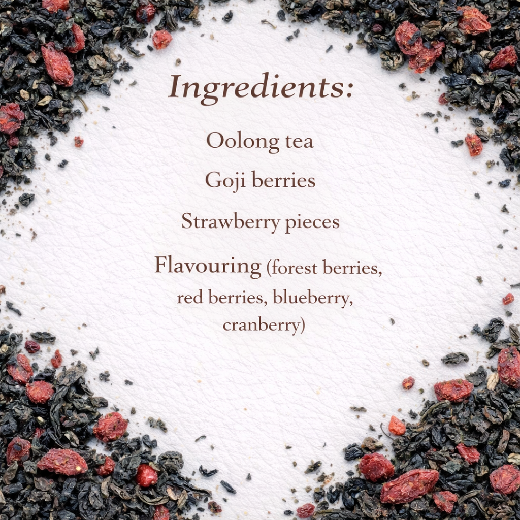 Wooden bowl filled with black tea leaves and red berries on a white background - Oolong Tea with Goji Berries; Wild Berry Flavour