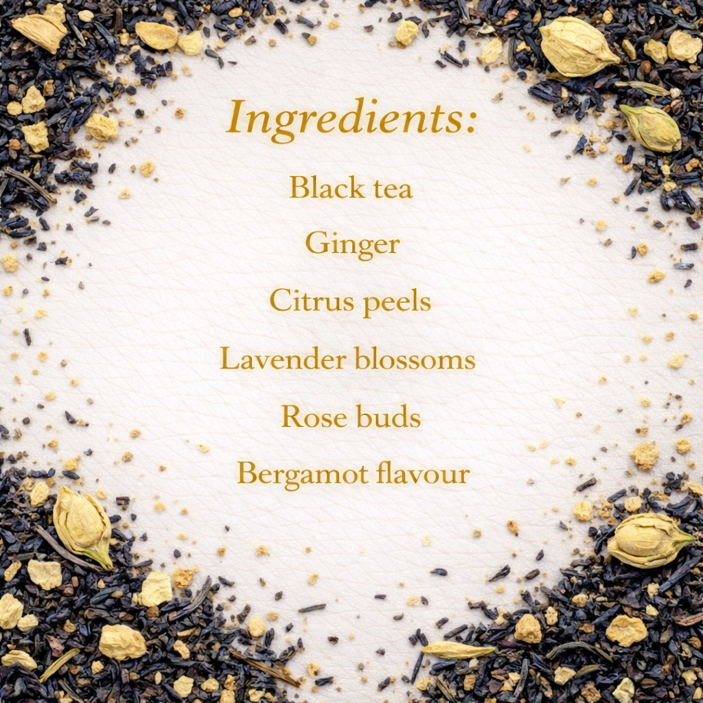 Wooden bowl filled with black tea leaves and yellow flowers on a white background - Earl Grey Black Tea with Ginger, Citrus; Lavender