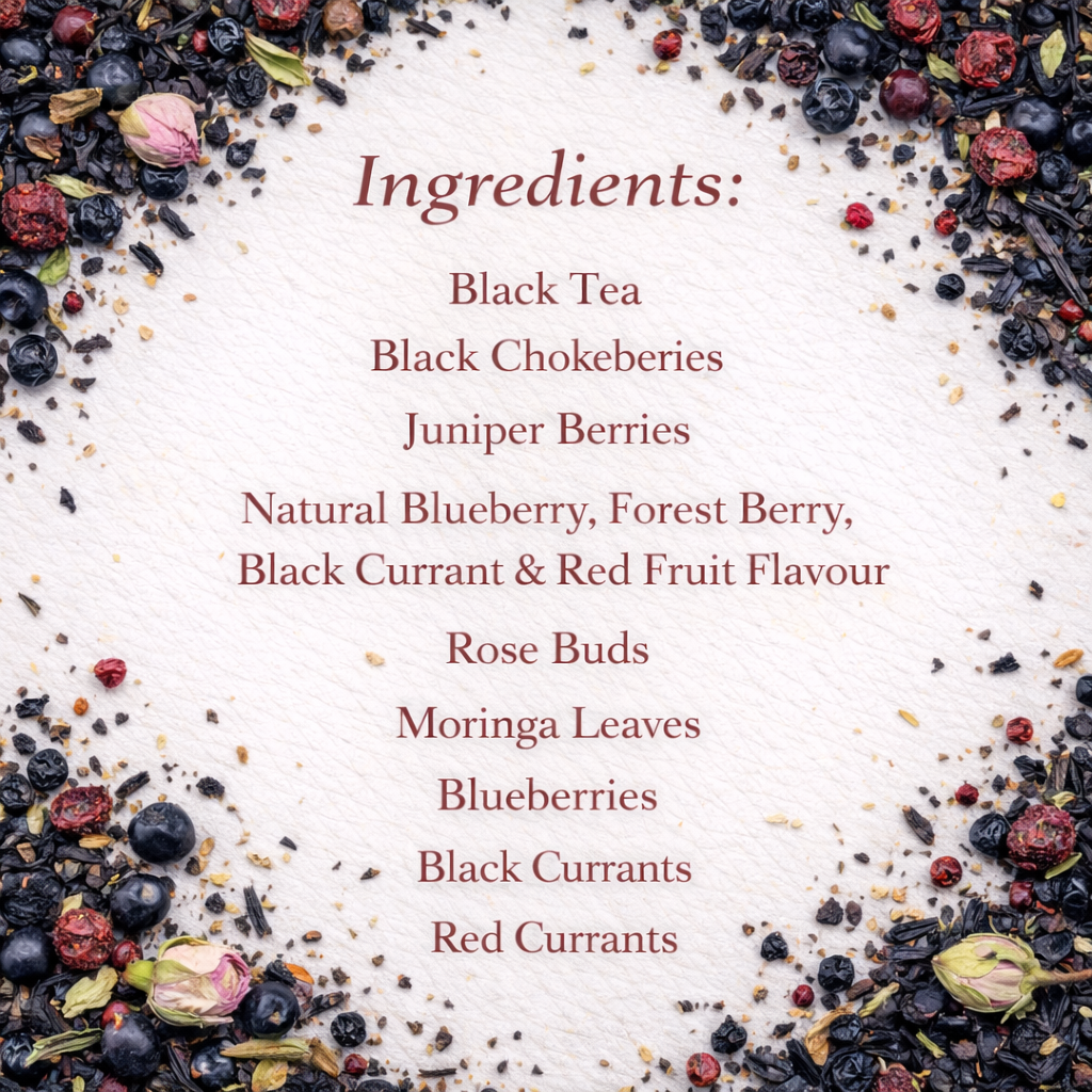 Wooden bowl filled with black tea leaves and dried flowers on a light gray background - Forest Berry Black Tea with Moringa; Chokeberries 